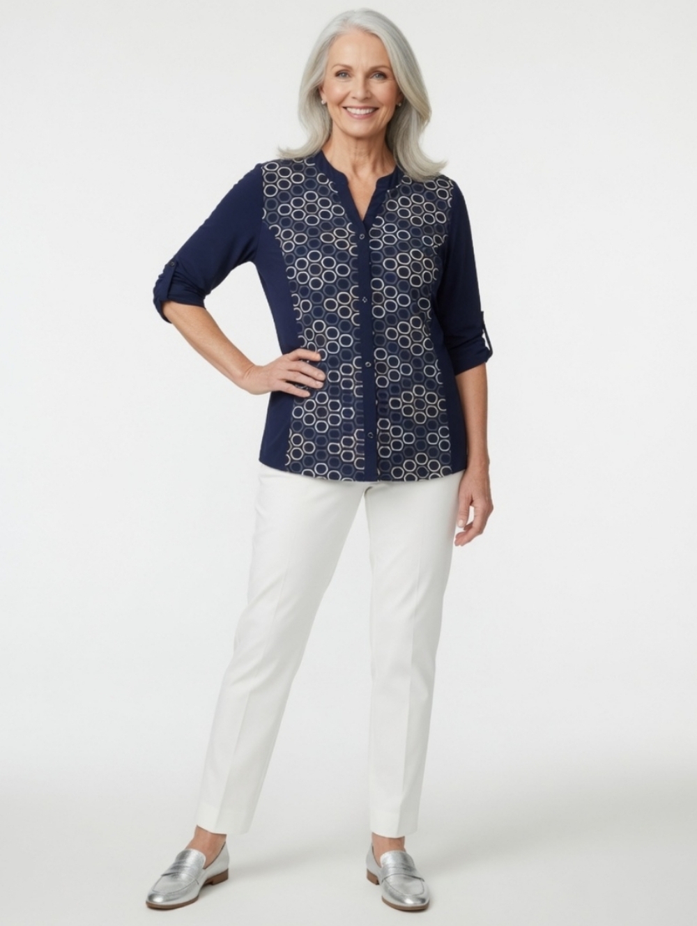 Emma & Olive Navy Patterned Button-Up Top (SIZE:3X )